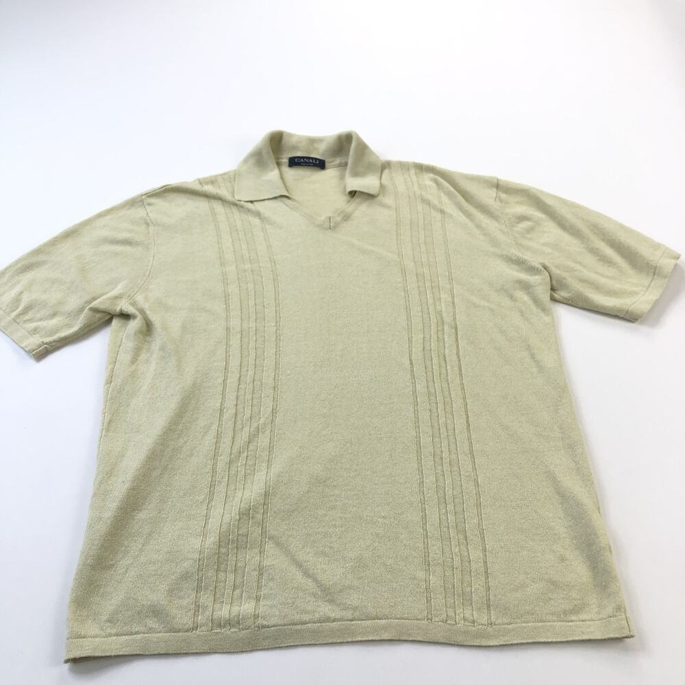 Canali Flax Linen Cotton S/M Short Sleeve Polo Striped Shirt Yellow PLS READ HRJ